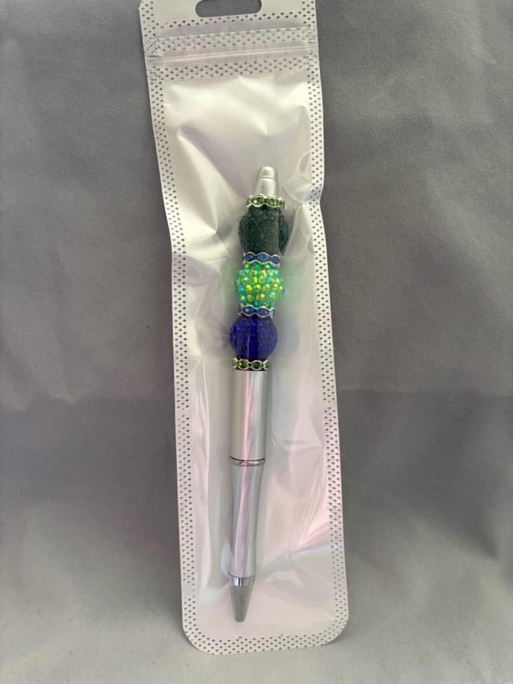 Beaded Decorative Ballpoint Pen - Silver with Blue & Green Accents